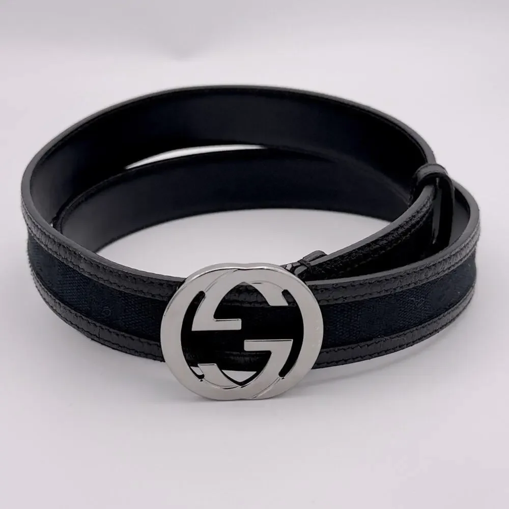 New Gucci GG Canvas Leather Belt Interlocking G Black Size 95/38 Unisex 1.2”